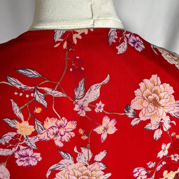 Lush Red Floral Wrap Dress Women's Medium Short Sleeve Ruffle Chiffon Lined - Picture 7 of 15